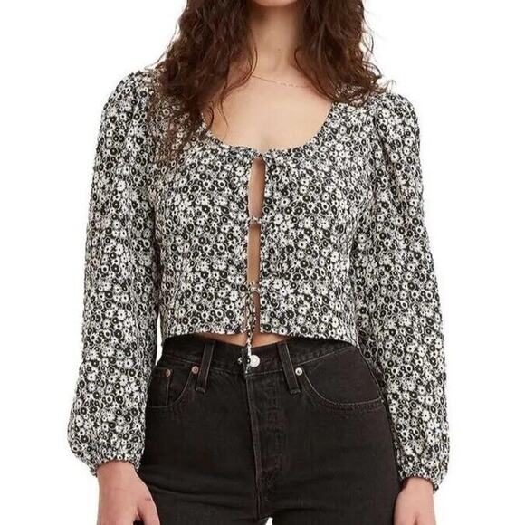 NEW Levi's Embry Tie Front Blouse L Puff Balloon Sleeve Cropped Crop Top Floral - Picture 1 of 9